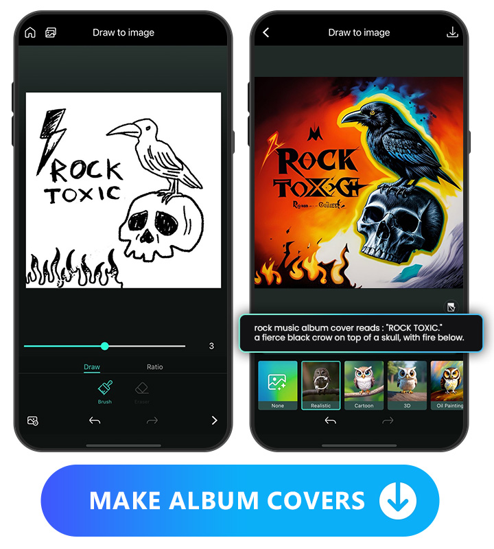 draw to image UI with sketch at left side and generated album cover with text prompt at the right side